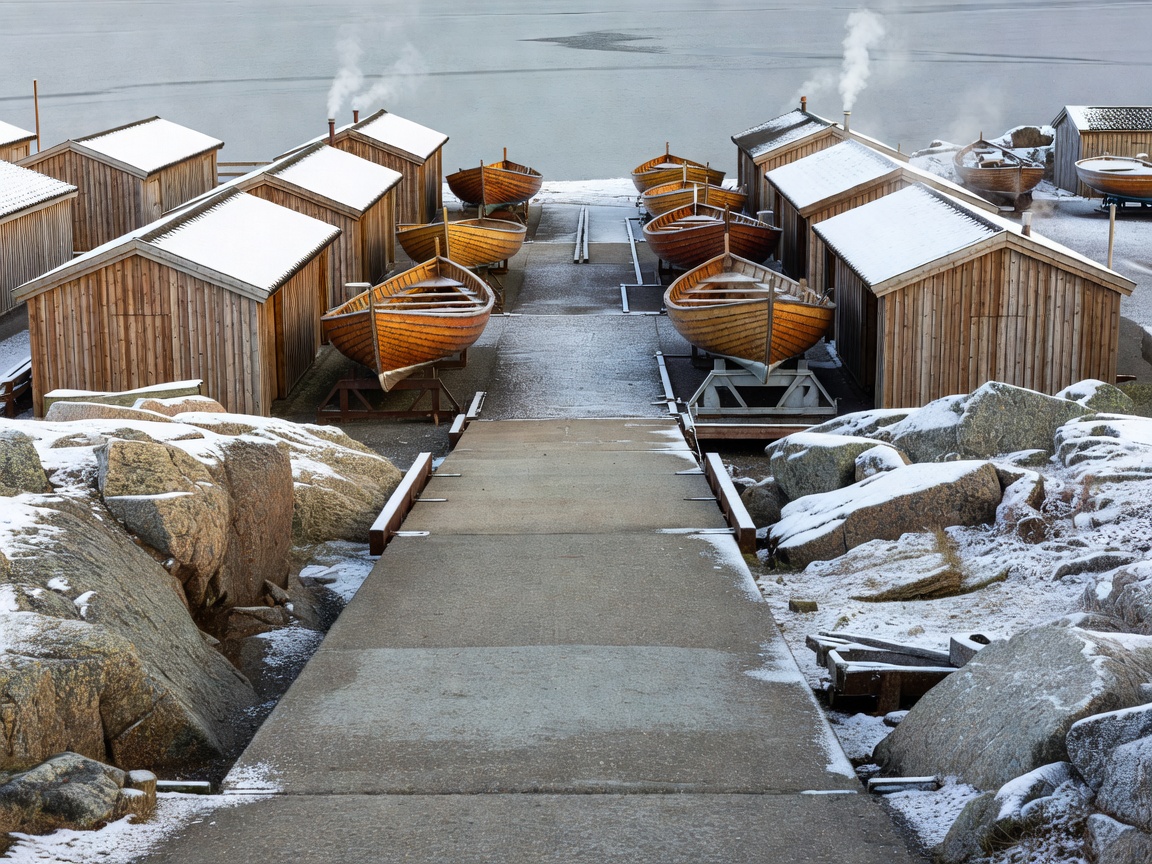 Swedish boatyard slipway flanked by granite rocks and heated winter storage sheds in Ellös