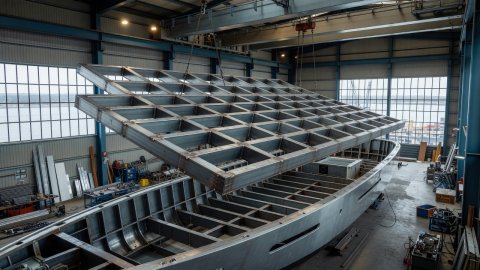 Galvanized steel hull girder grid being lowered into a Danish performance cruiser