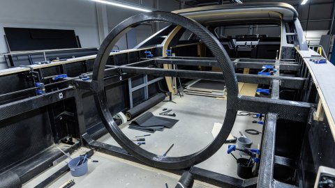 Carbon fiber ring frame inside a Finnish performance cruising yacht under construction