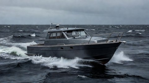 All-weather Finnish walkaround pilothouse motor yacht running through dark Baltic chop