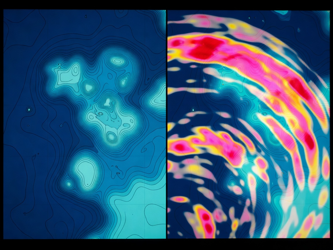 Split-screen marine chartplotter showing archipelago hydrographic contours overlaid with Doppler radar returns