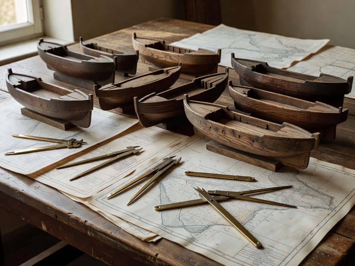 Wooden half-hull models, brass dividers, and hydrographic paper charts on a shipyard drafting table