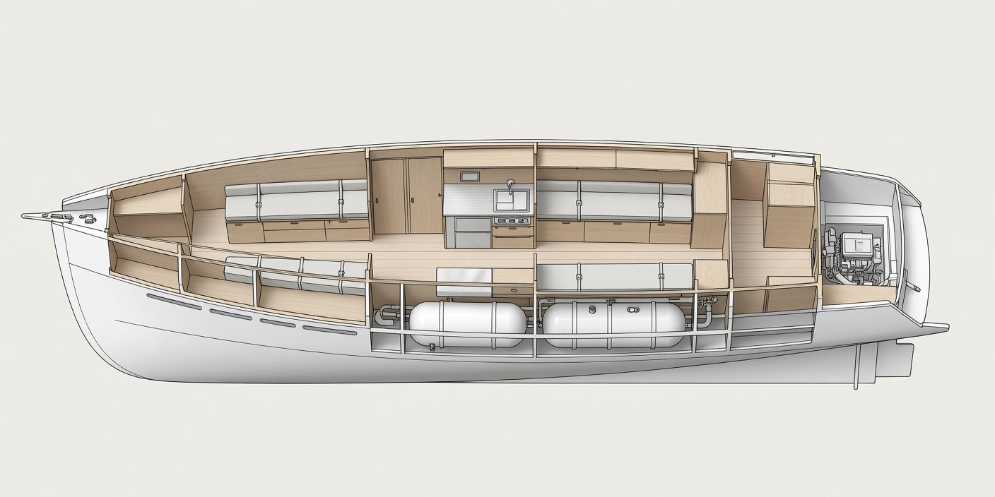 Cutaway profile diagram of a Scandinavian cruising yacht showing bulkheads, tankage, galley, and sea berths