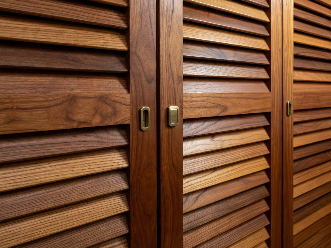 Close-up of grain-matched oak and mahogany yacht locker doors with ventilation slots and flush brass latches