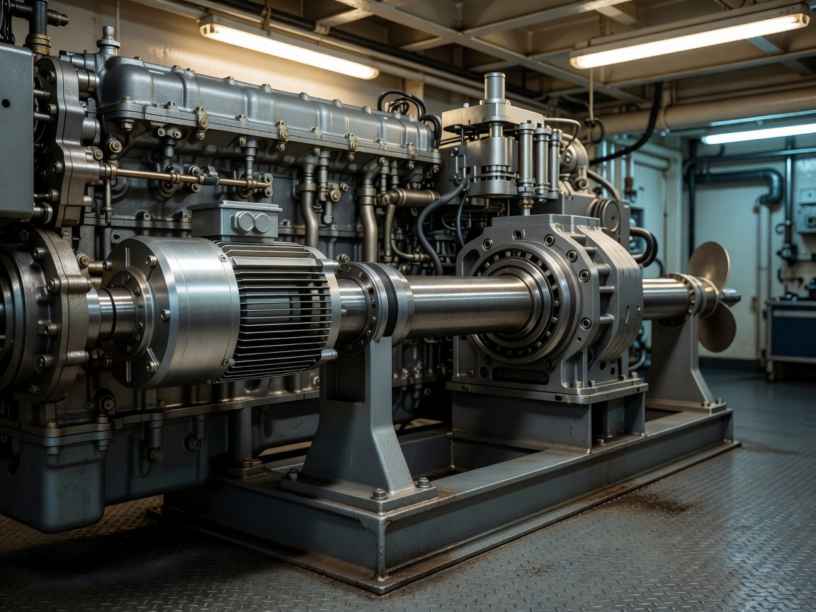 Parallel hybrid electric motor coupled to a marine diesel engine shaft line with thrust bearing