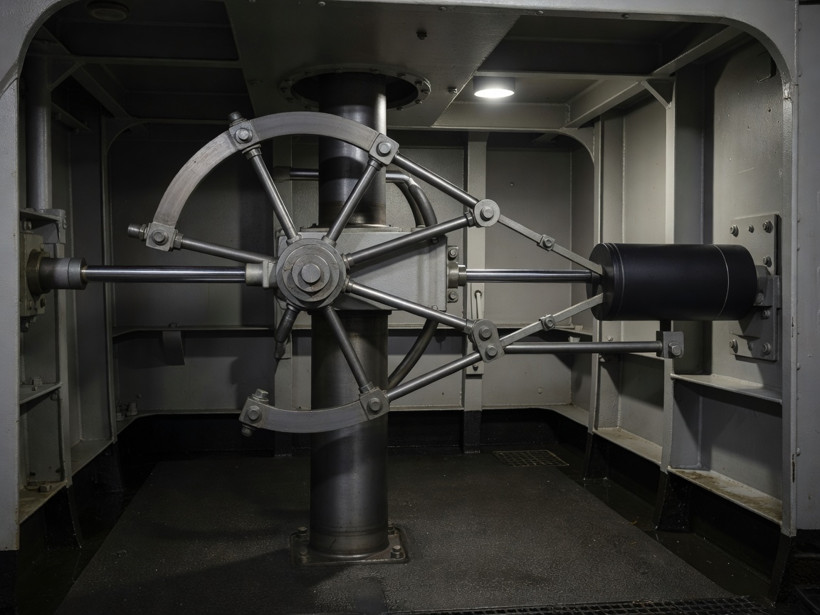 Below-deck rudder stock showing mechanical torque rod linkage and independent linear autopilot drive