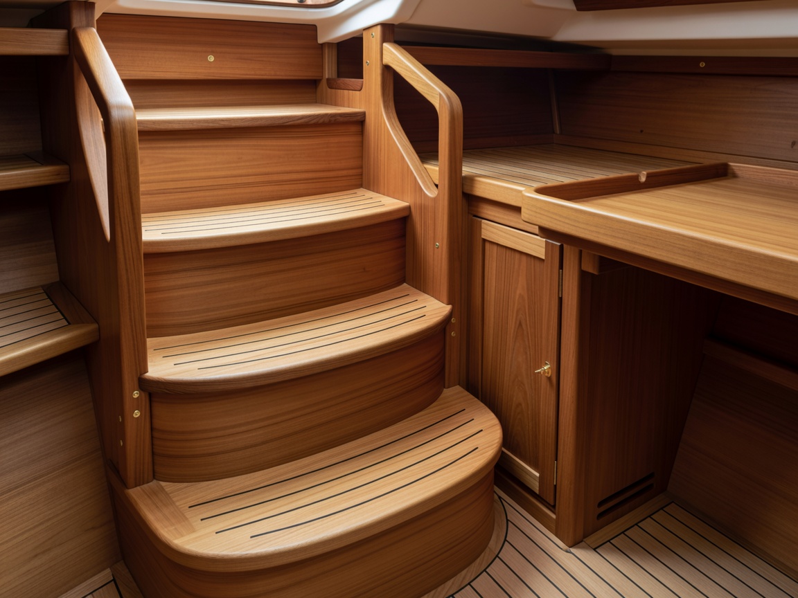 Curved laminated teak companionway steps with high side rails and wet locker adjacent to the chart table