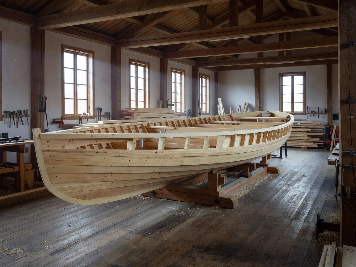 Interior of a Scandinavian boatbuilding hall showing a yacht hull in a framing cradle with timber bulkheads