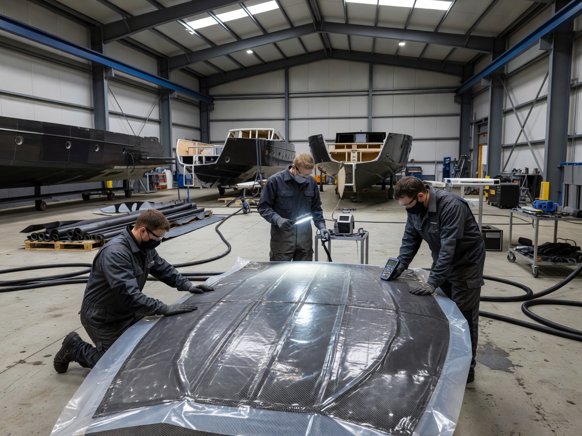 Technicians inspecting vacuum-bagged carbon fiber yacht deck laminate inside a Finnish shipyard