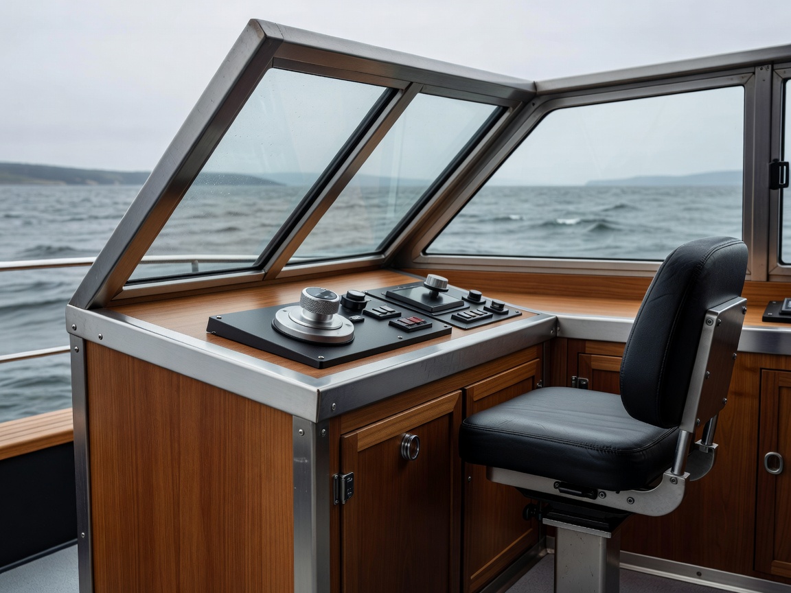 Scandinavian pilothouse helm console with reverse-raked windshield, rotary plotter controller, and suspension seat