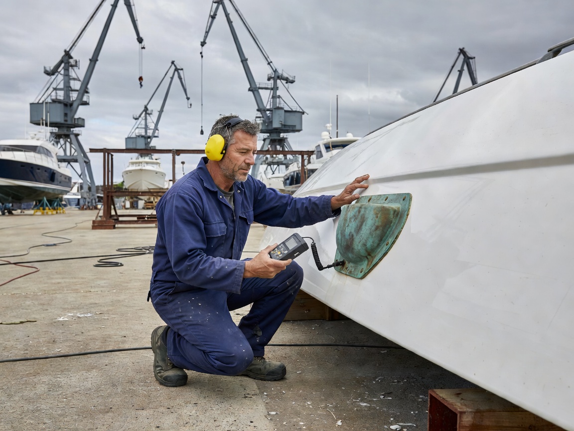 Marine surveyor inspecting a composite yacht hull and bronze through-hull fitting in a boatyard