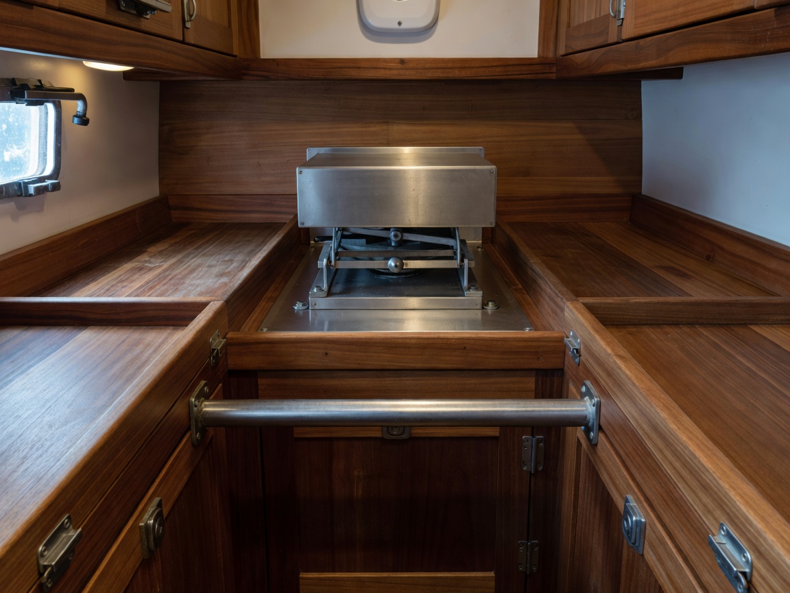 U-shaped marine galley with deep timber fiddles, gimballed stainless stove, and crash bar