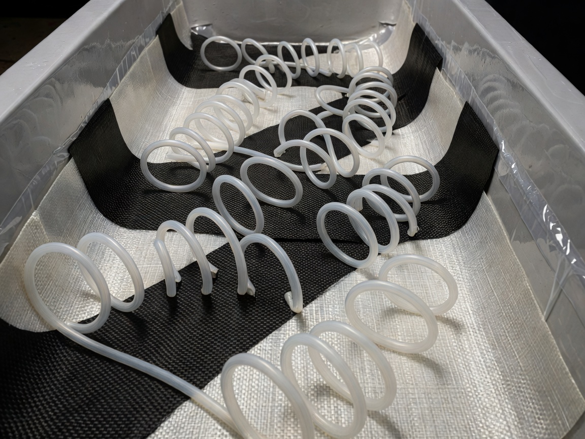 Close-up of resin infusion spiral tubing over carbon and glass fiber reinforcement in a keel sump