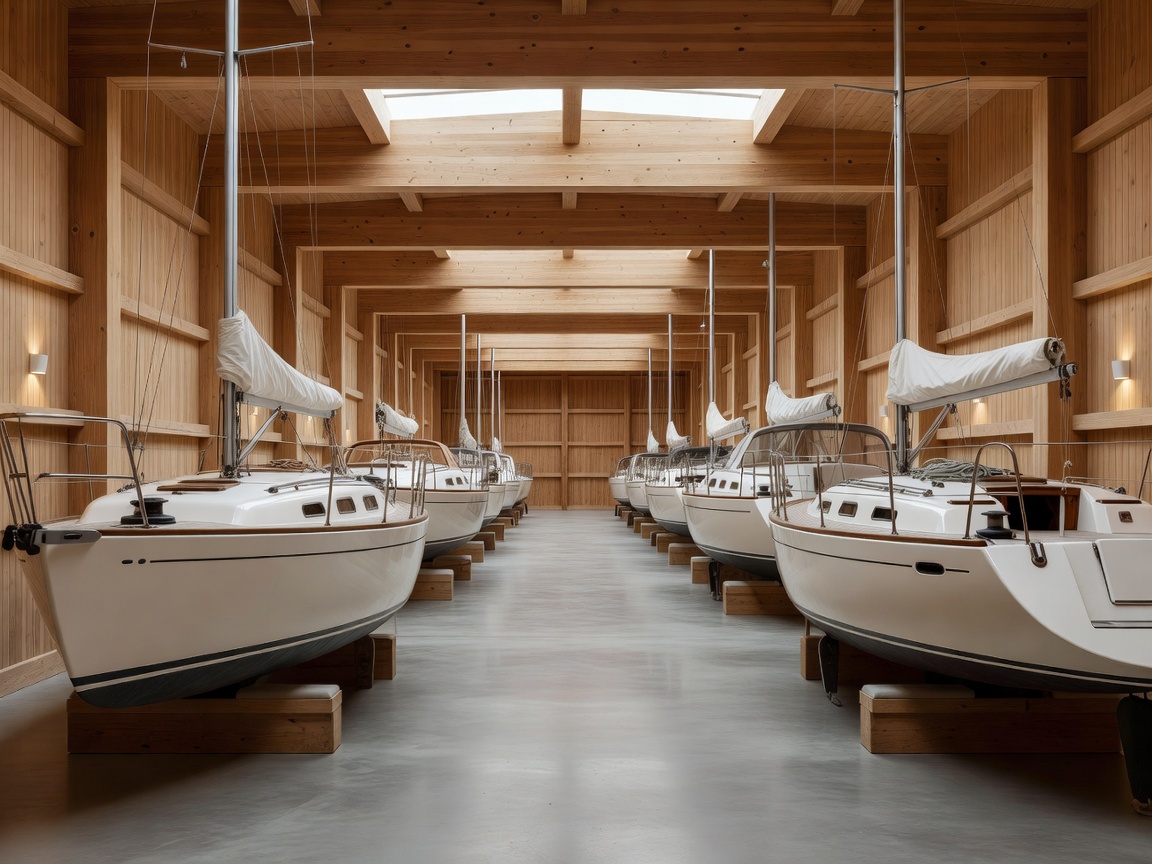 Row of Scandinavian yachts stored inside a clean heated timber winter hall with masts unstepped